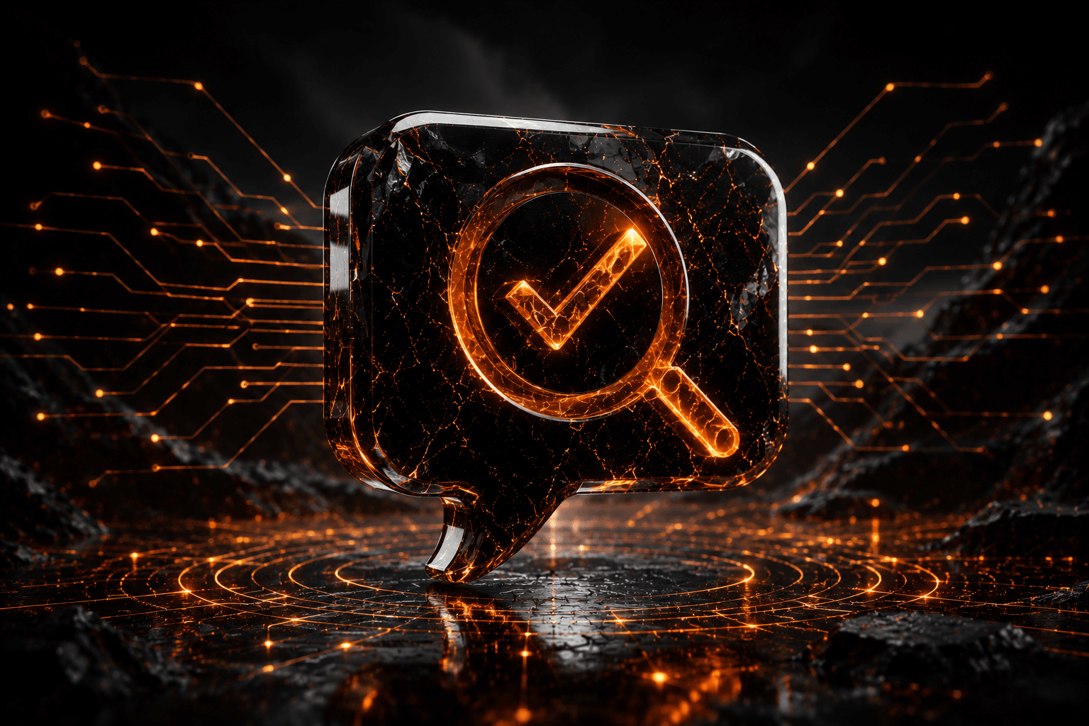 Obsidian AI search visibility icon with glowing amber checkmark and magnifying glass