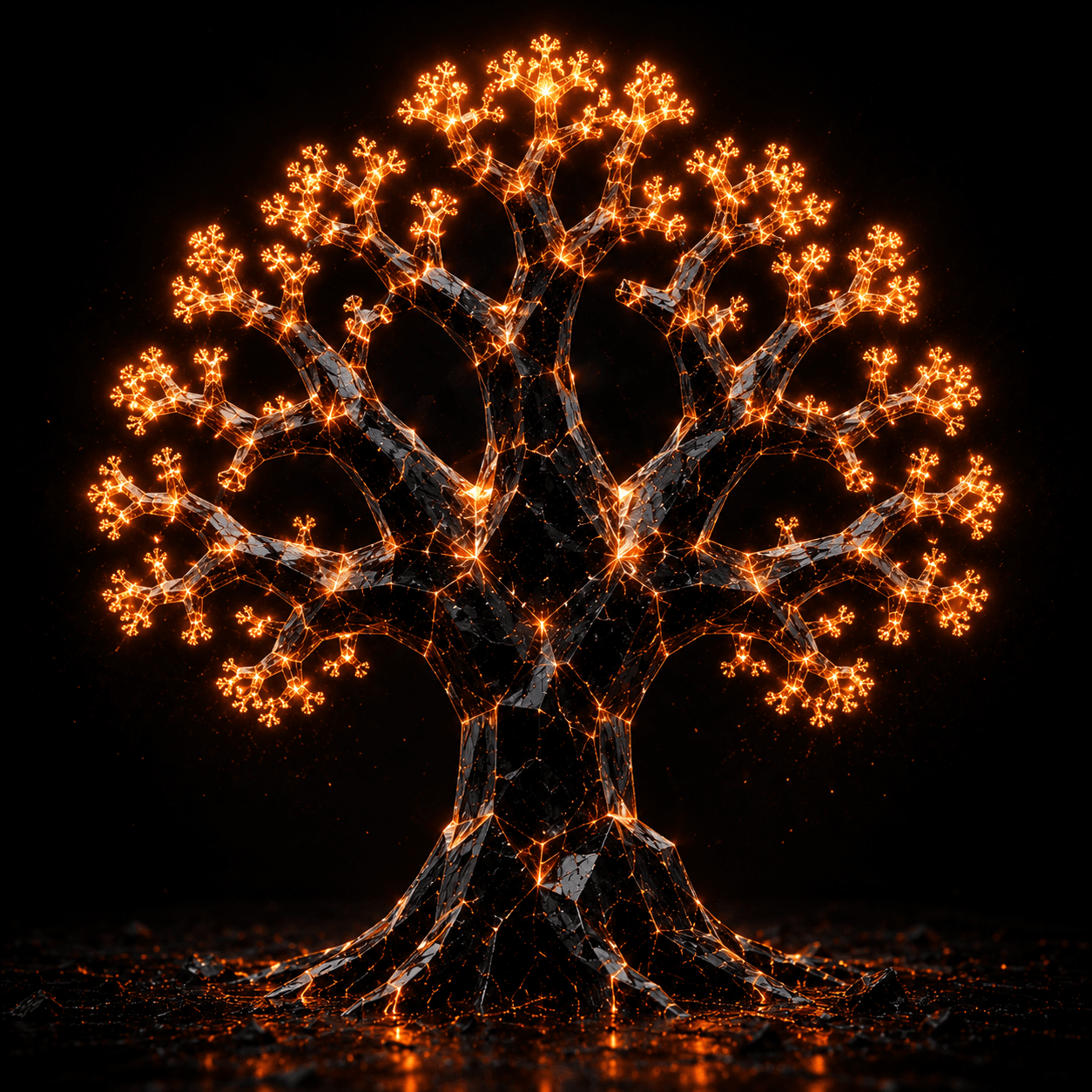 Obsidian fractal tree with glowing amber branches, symbolizing organic growth and scale