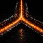 A single molten amber beam splitting into two diverging paths, symbolizing search traffic being redirected by AI
