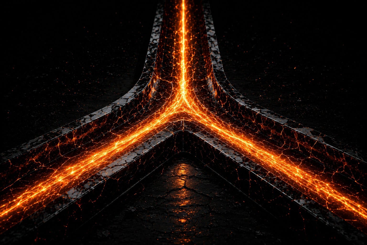 A single molten amber beam splitting into two diverging paths, symbolizing search traffic being redirected by AI