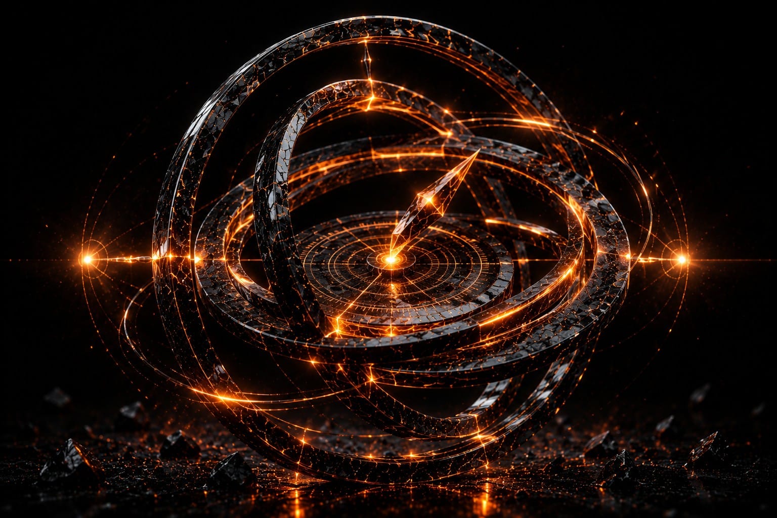 Obsidian gyroscope with molten amber rings recalibrating to balance, symbolizing a search algorithm self-correcting