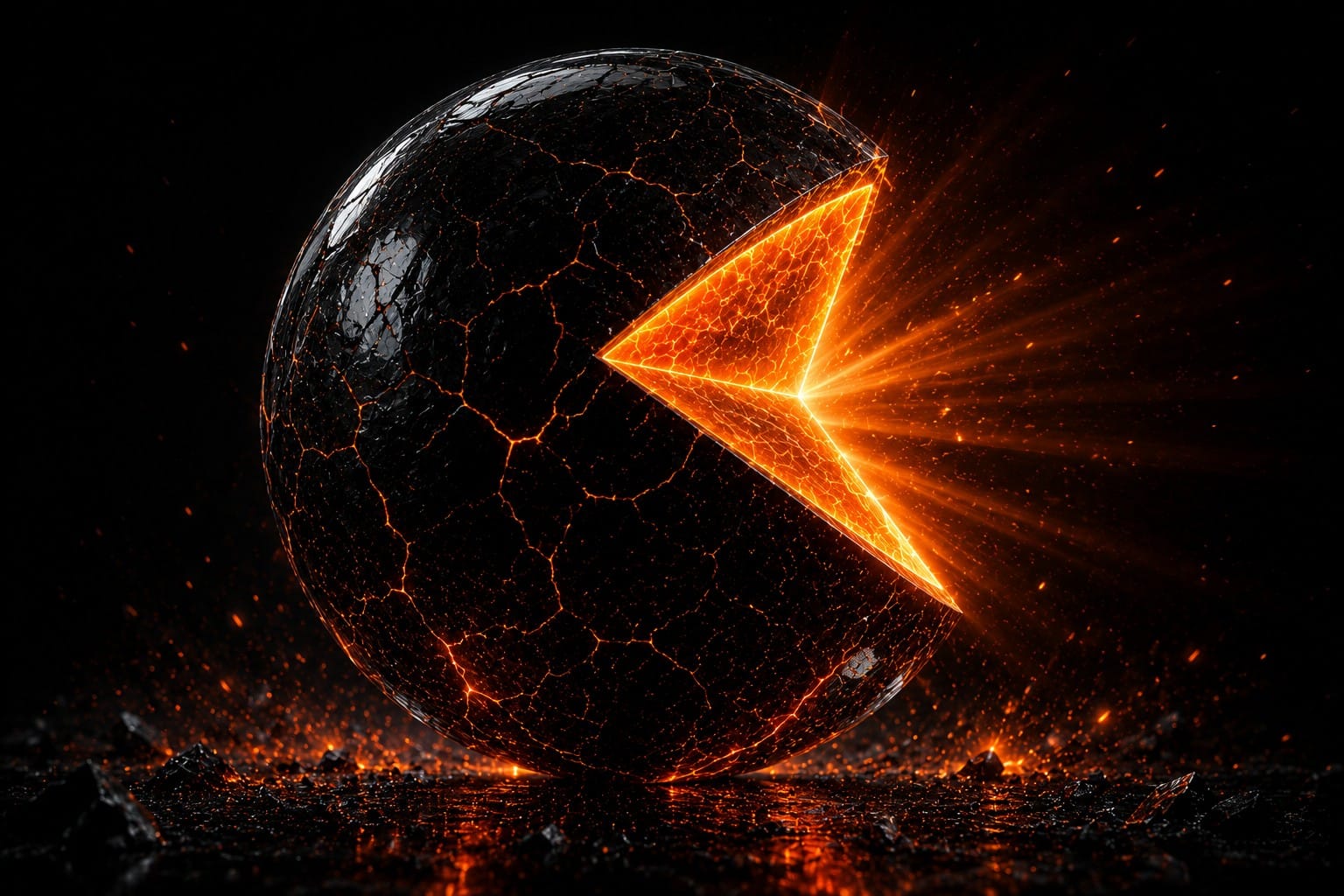 Obsidian sphere with a glowing amber wedge carved out, symbolizing a brand's share of an AI model's knowledge