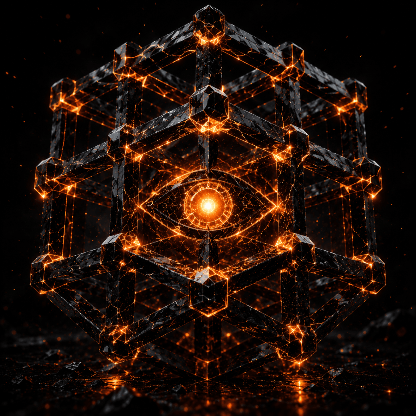 Obsidian crystalline lattice with glowing amber beacon eye at center, symbolizing structured visibility