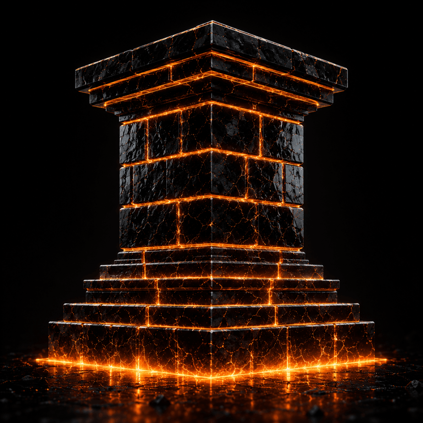 Obsidian stacked temple foundation with glowing amber mortar lines, symbolizing structural stability