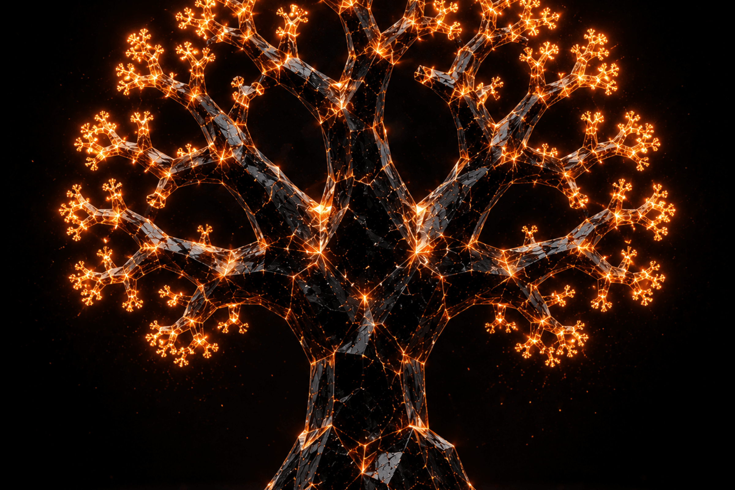 Obsidian fractal tree with glowing amber branches, symbolizing organic growth and scale