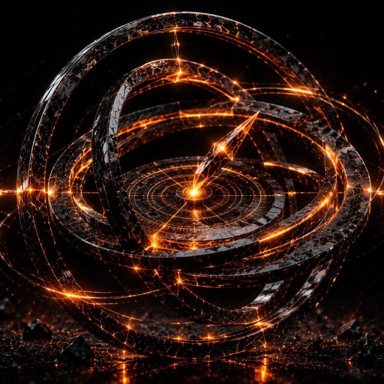 Obsidian gyroscope with molten amber rings recalibrating to balance, symbolizing a search algorithm self-correcting